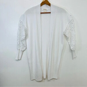 Coco Bleu Cardigan White Medium  Open Crochet Balloon Sleeve Rib Knit Long Line